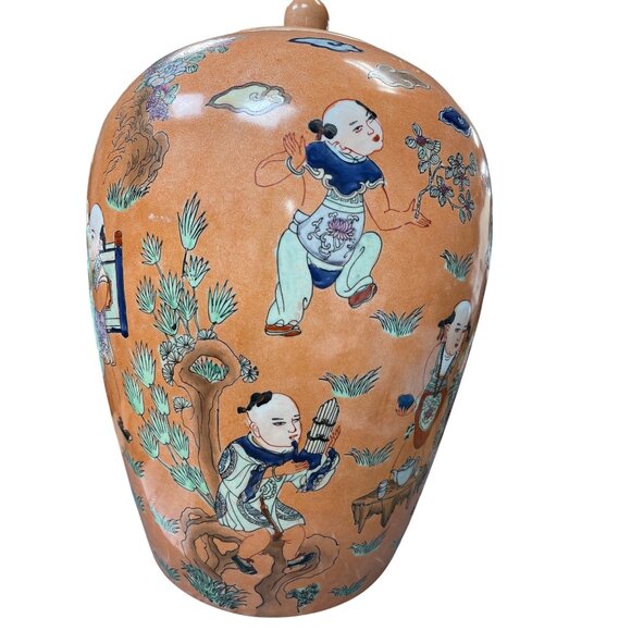 Vintage Chinese Large Peach Porcelin lidded boys play Macau Chinoserie SKU 9736 - Picture 3 of 13